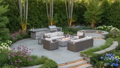Backyard patio with outdoor furniture and landscape lighting by Chop Chop Landscaping in Oak Park, IL