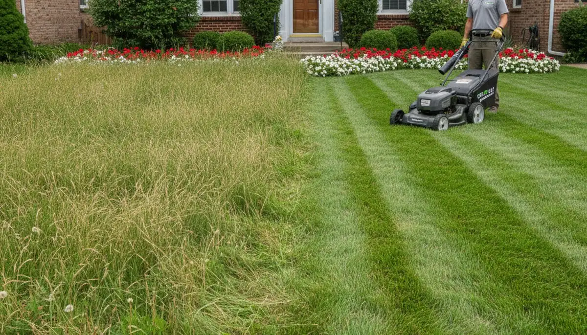 Before and after lawn mowing showing yard transformation by Chop Chop Landscaping in Oak Park, IL