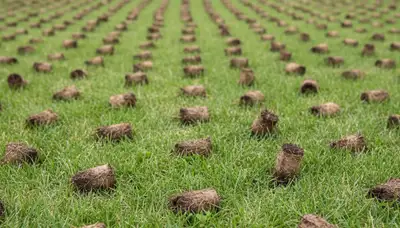 Close-up of soil core plugs after lawn aeration by Chop Chop Landscaping in Oak Park, IL