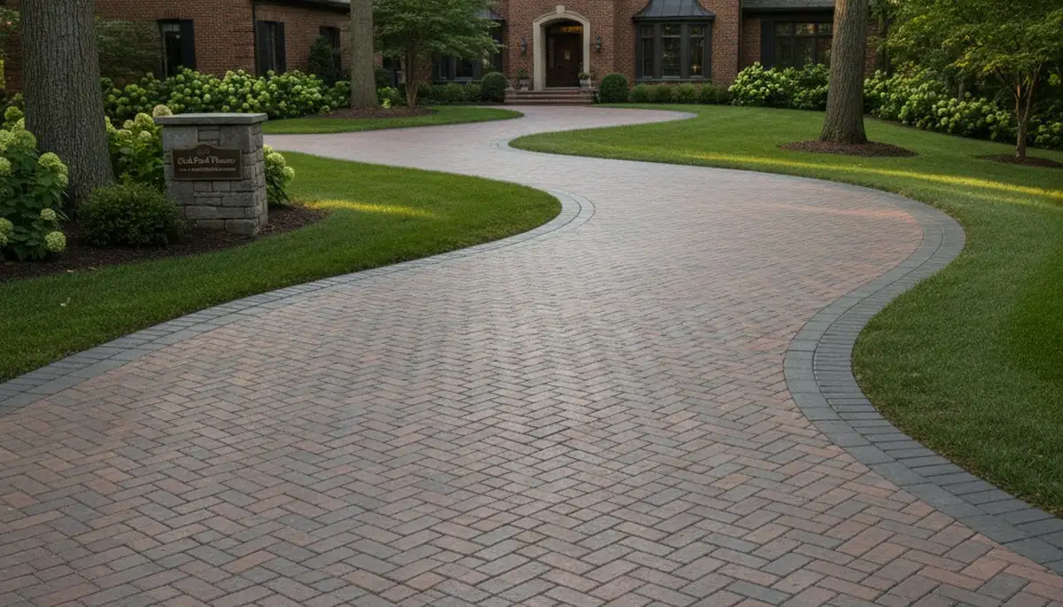 Curved paver driveway installation by professional landscapers in Oak Park, IL showcasing custom design craftsmanship