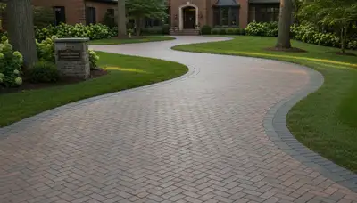 Curved paver driveway installation by professional landscapers in Oak Park, IL showcasing custom design craftsmanship