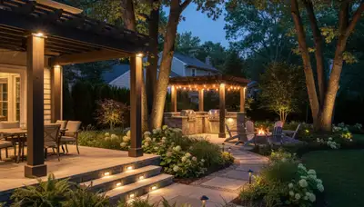 Evening deck and patio lighting installation with post cap lights in Oak Park, IL by Chop Chop Landscaping