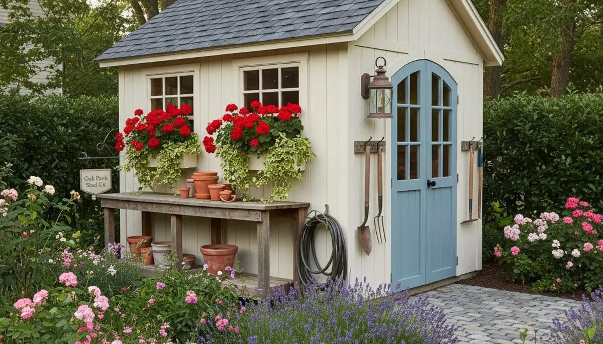 Decorative garden shed with custom landscaping in Oak Park, IL by Chop Chop Landscaping