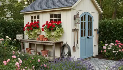 Decorative garden shed with custom landscaping in Oak Park, IL by Chop Chop Landscaping
