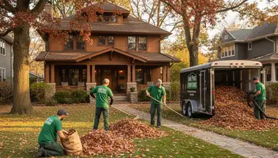 Fall leaf cleanup by professional landscapers in Oak Park, IL performing seasonal yard maintenance