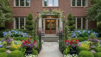 Front yard landscape design with flowers and shrubs enhancing curb appeal in Oak Park, IL
