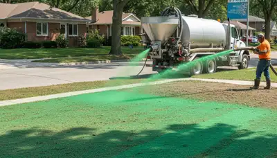 Hydroseeder truck spraying green slurry on new lawn in Oak Park, IL by Chop Chop Landscaping