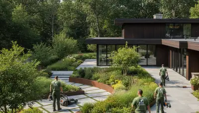 Landscaping crew in Oak Park, IL providing residential lawn and garden maintenance services