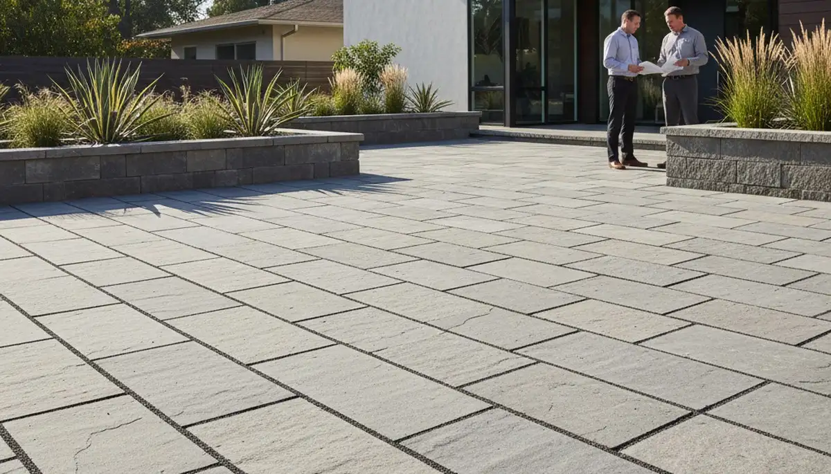 Modern large format stone patio installation by Chop Chop Landscaping in Oak Park, IL