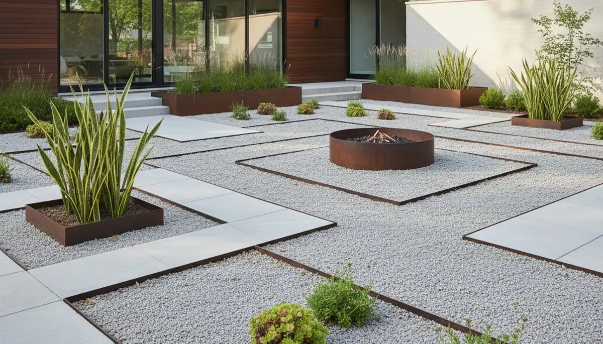 Modern pea gravel landscape design with clean lines in Oak Park, IL by Chop Chop Landscaping