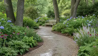 Pea gravel garden pathway in Oak Park IL landscape installed by Chop Chop Landscaping for drainage and style