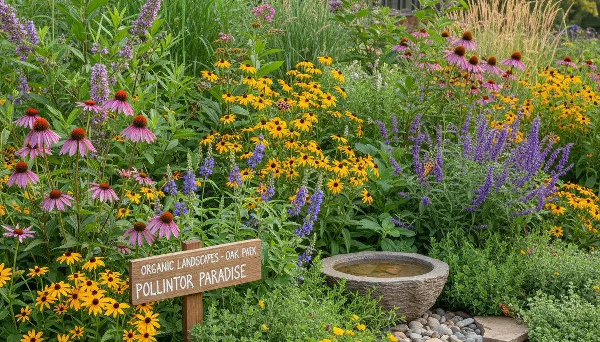 Pollinator-friendly native garden with organic landscaping in Oak Park, IL enhancing local biodiversity