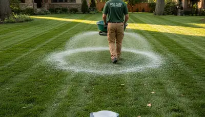 Lawn care technician spreading fertilizer evenly on residential lawn in Oak Park, IL
