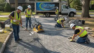 Professional crew installing driveway pavers in Oak Park, IL with expert landscaping precision