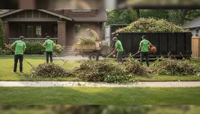 Professional yard debris removal by landscaping crew in Oak Park, IL during full property clean up