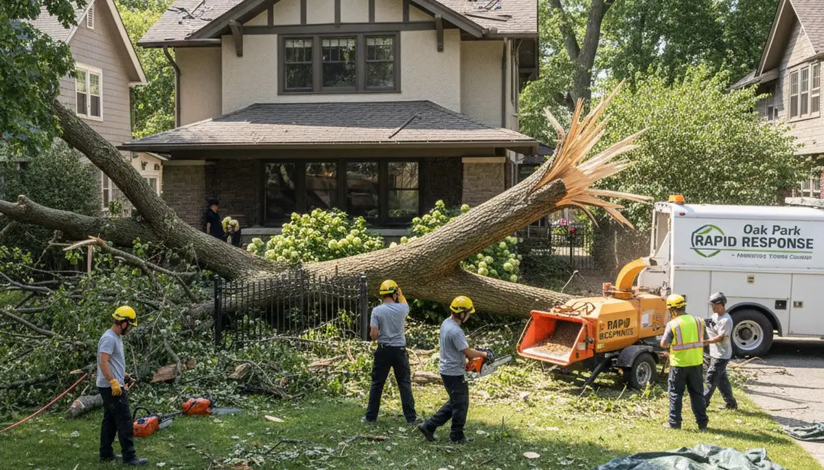 Storm cleanup crew clearing fallen branches and debris in Oak Park, IL yard after storm damage