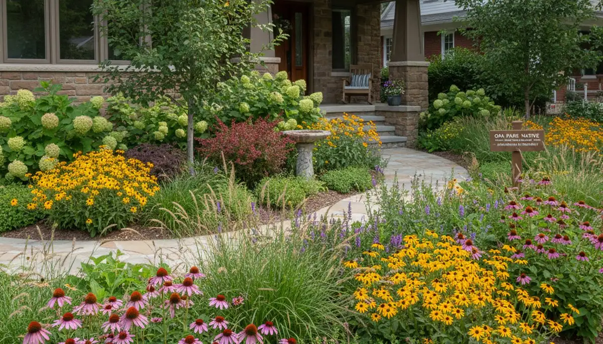 Sustainable native plant garden landscaping in Oak Park, IL with drought-tolerant regional plants