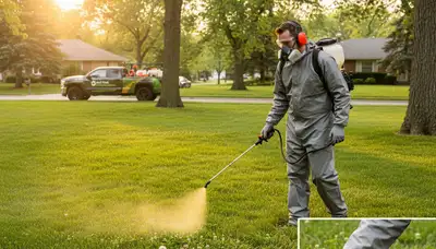 Lawn care pro applying targeted weed control on residential turf in Oak Park, IL